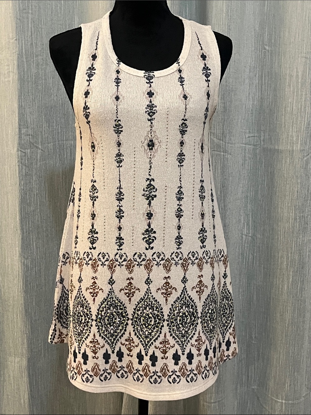 Vocal Cream Tank Top with Gray and Bronze Print & Embellishments